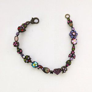 VTG. SORRELLI Rhinestone Stone Heart Floral Antique Gold Tone Bracelet *REPAIR*